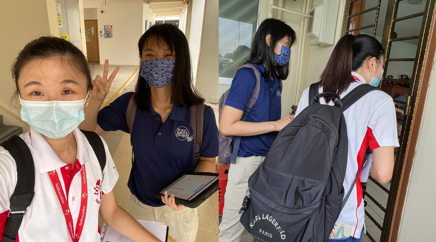 Celeste and May Chin (in blue) talk to seniors in their homes about getting vaccinated.