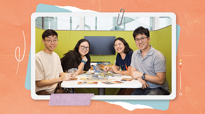 The four “co-conspirators” of the NLB Boardgames Circle, who currently lead the group (L-R): Rayson Goh, Felicia Chan, Melissa Lim and Lim Tze Min, from various departments across the NLB.