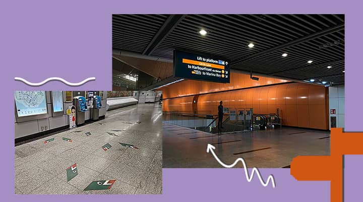 Clarke Quay station (left) uses seafaring symbols of tongkang (bumboat) eyes. At Dhoby Ghaut station (right), a bright orange wall stands out near the platforms to the Circle Line, matching the line colour.