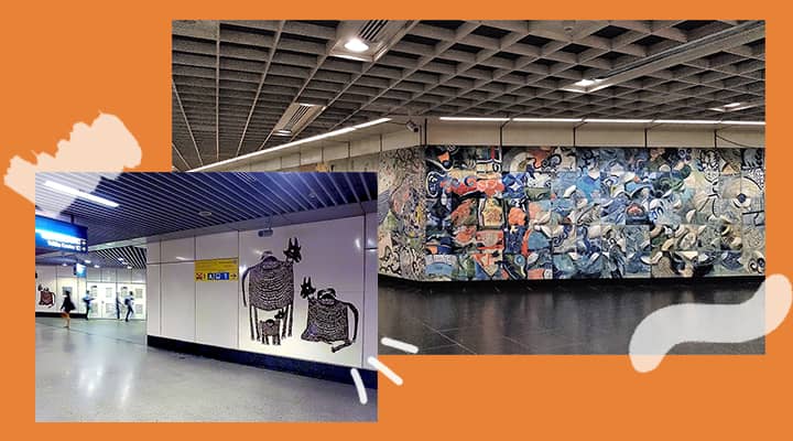 Memoirs of the Past by S. Chandrasekaran at Little India station (left) and Interchange by Milenko &amp; Delia Prvački (right).