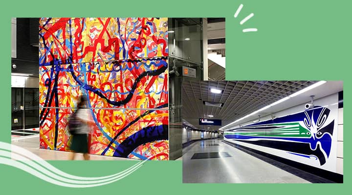 At Farrer Road station (left), &quot;Art Lineage&quot; by Erzan Bin Adam,  At Outram Park station (right), Chinese opera motifs reflect the area’s history as Chinese immigrant enclave.