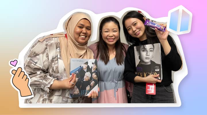 Michelle (centre) with Gallery staff and fellow ARMYs Nur Basyirah and Belinda Teo.
