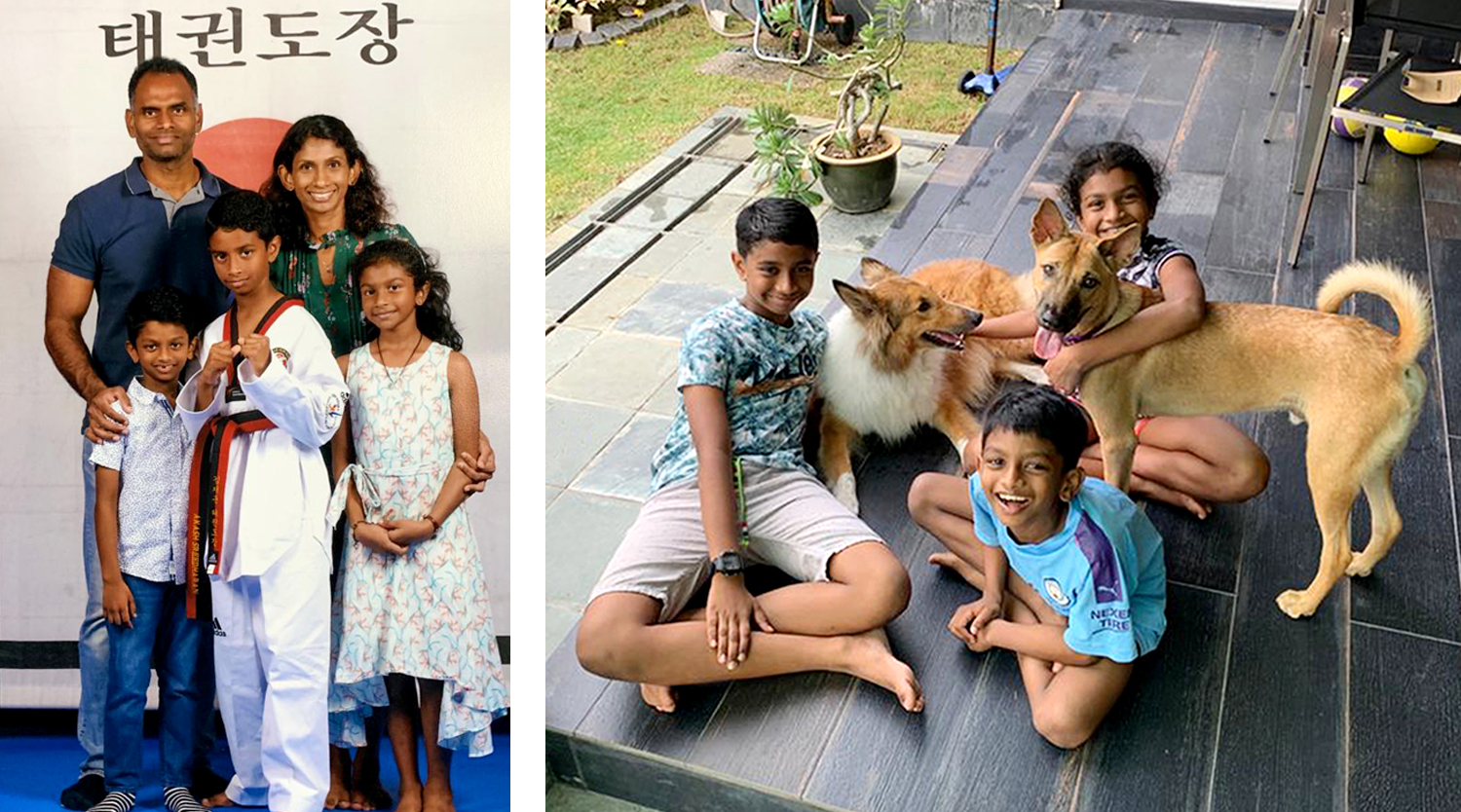COL (Dr) Shalini’s family (left) and her three children with their adopted dog Baasha (right, standing) and a friend&#39;s collie that the family looked after for a weekend.