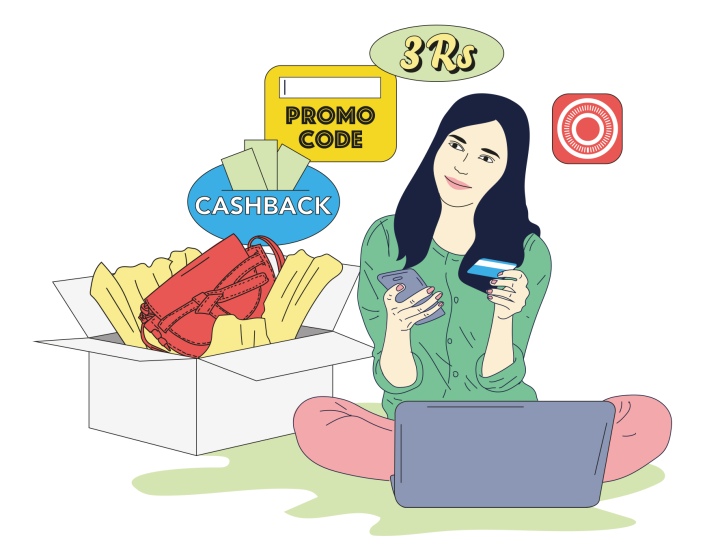 woman holding a credit card in one hand, a smart phone in another, sitting in front of a laptop thinking about buying things online using promo codes, cash backs.