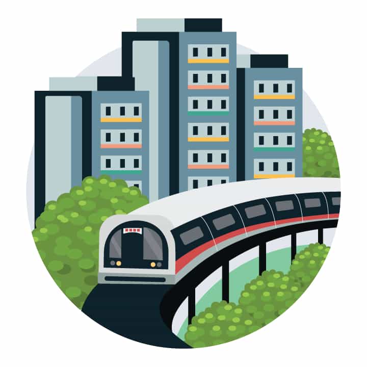 Graphic of MRT train with housing flats in the background