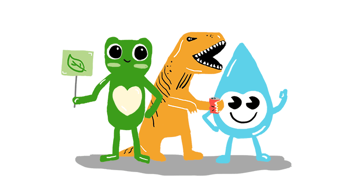 MSE mascots Dino the dinosaur, Bloobin, Water Wally, Captain Green the frog.