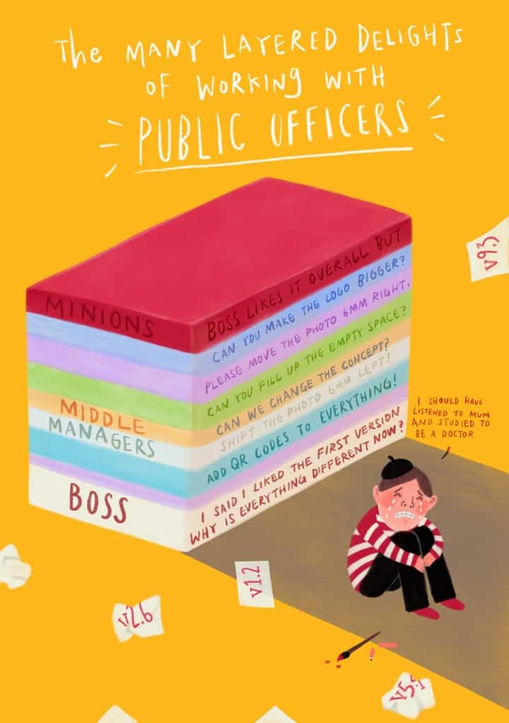 Illustration about the many layered delights of working with public officers by Anggee Neo