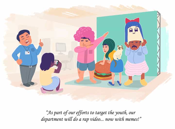 An illustration about public officers doing a rap video with memes to target the youth. By Dan Wong