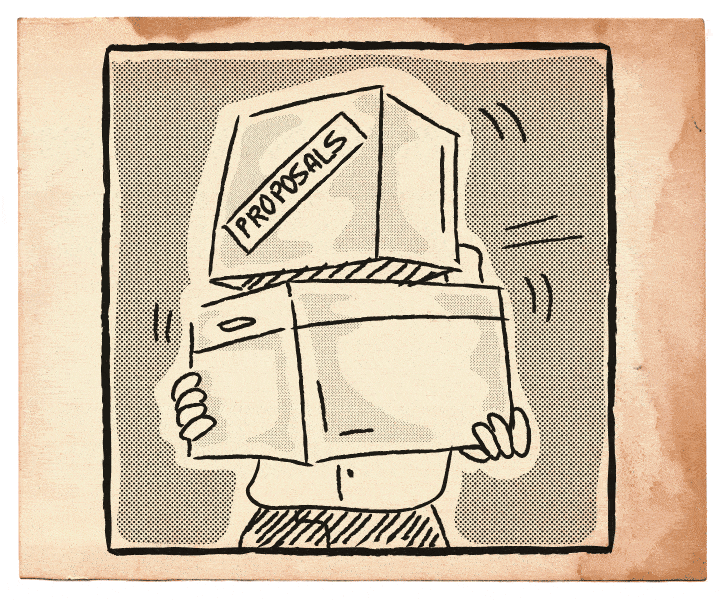 humour_leastwanted_tenderbox Person complaining while holding two big boxes of proposals