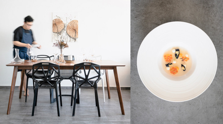 The Wood Ear’s Jesper Chia sets the table in his home diner. The Wood Ear, known for its exquisite plating of fusion food, requires bookings four months in advance.