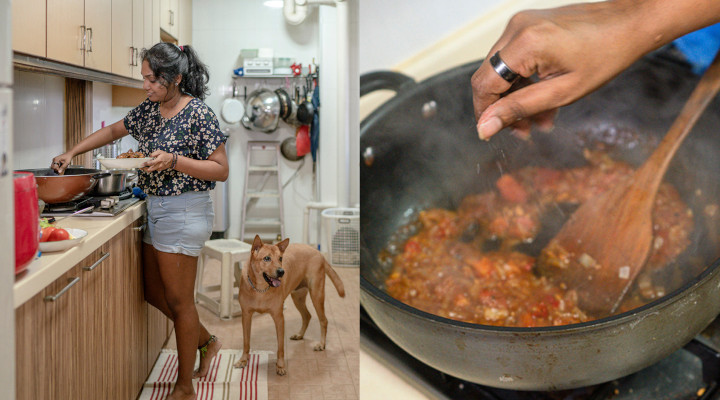 A home dining experience at Shaaleni’s includes meeting her friendly dog, Katsu, who loves to beg for food.