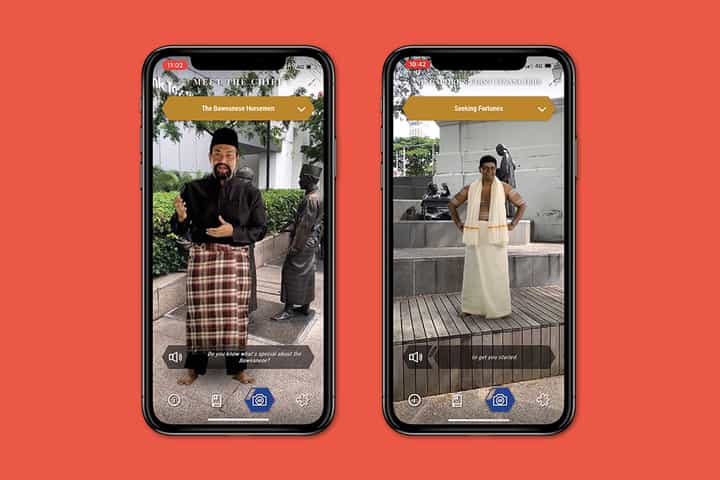 Shots from the BalikSG augmented reality app, featuring an actor playing a Malay pondok chief and an Indian financier.