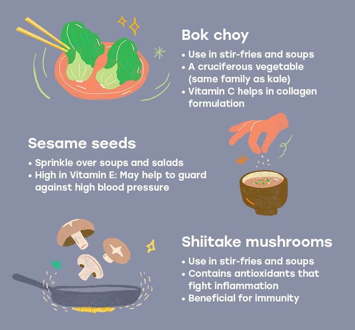 Bok choy, sesame seeds, and shiitake mushroom known as super foods
