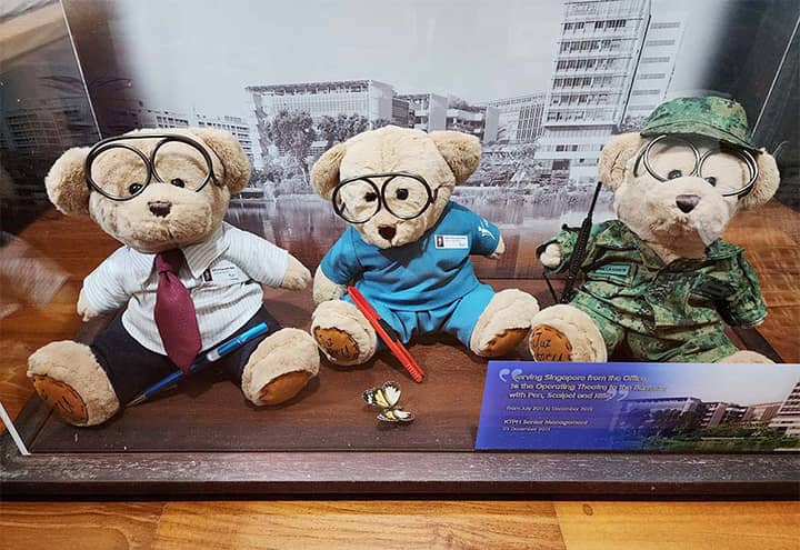 The three bears that represent Prof Mak’s various roles throughout his career: as doctor and surgeon, as a National Serviceman and in administration and management