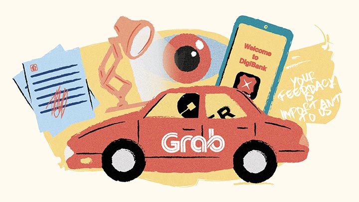 An illustration of a Grab car, and the Digibank app on a phone