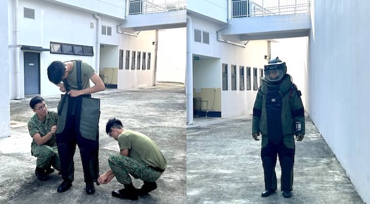 The bomb suit is so heavy that it takes at least two people to put it on.